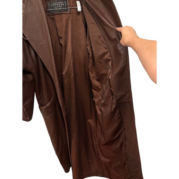 Express S Slouchy Oversized Lamb Leather Trench Coat Long Jacket 90s Brown - Picture 7 of 12